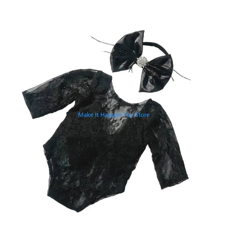 28EC Lace Romper Set Delicate Lace Romper with Headband for Newborn Photography Includes Headband for 0 to 6 Month Old Baby