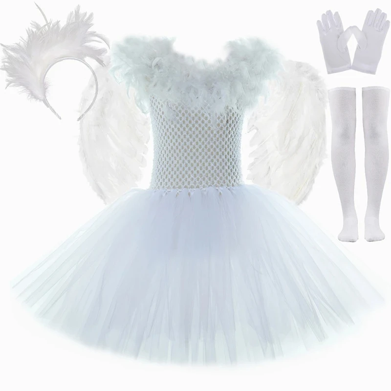 White Bird Swan Costume Kids Tulle Princess Tutu Dress Girls Halloween Carnival Party Feathers Chicks Dove Dress Up Clothes Set