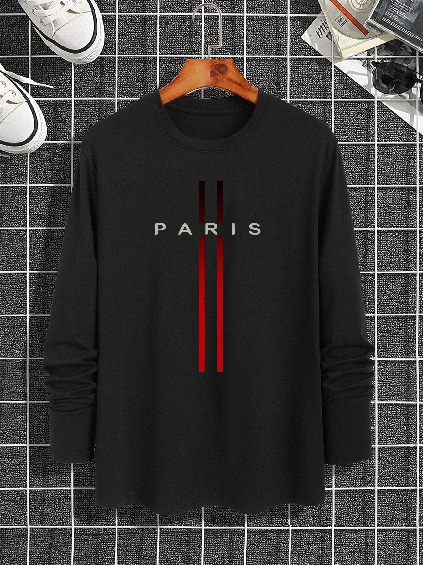 100% pure cotton men's long sleeved round neck loose casual Paris pattern printed spring and autumn versatile T-shirt top