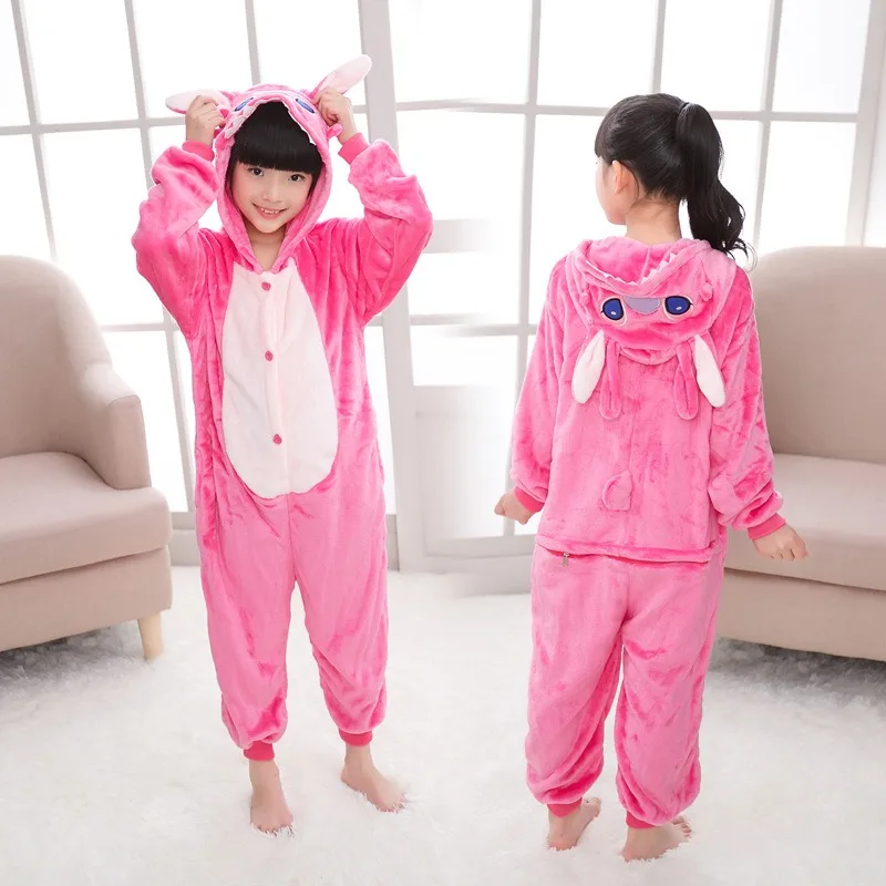 Christmas Cartoon Lilo & Stitch One-Piece Pajamas Disney Children Plush Kigurumi Onesies Winter Warm Clothes Boys Girls Gift