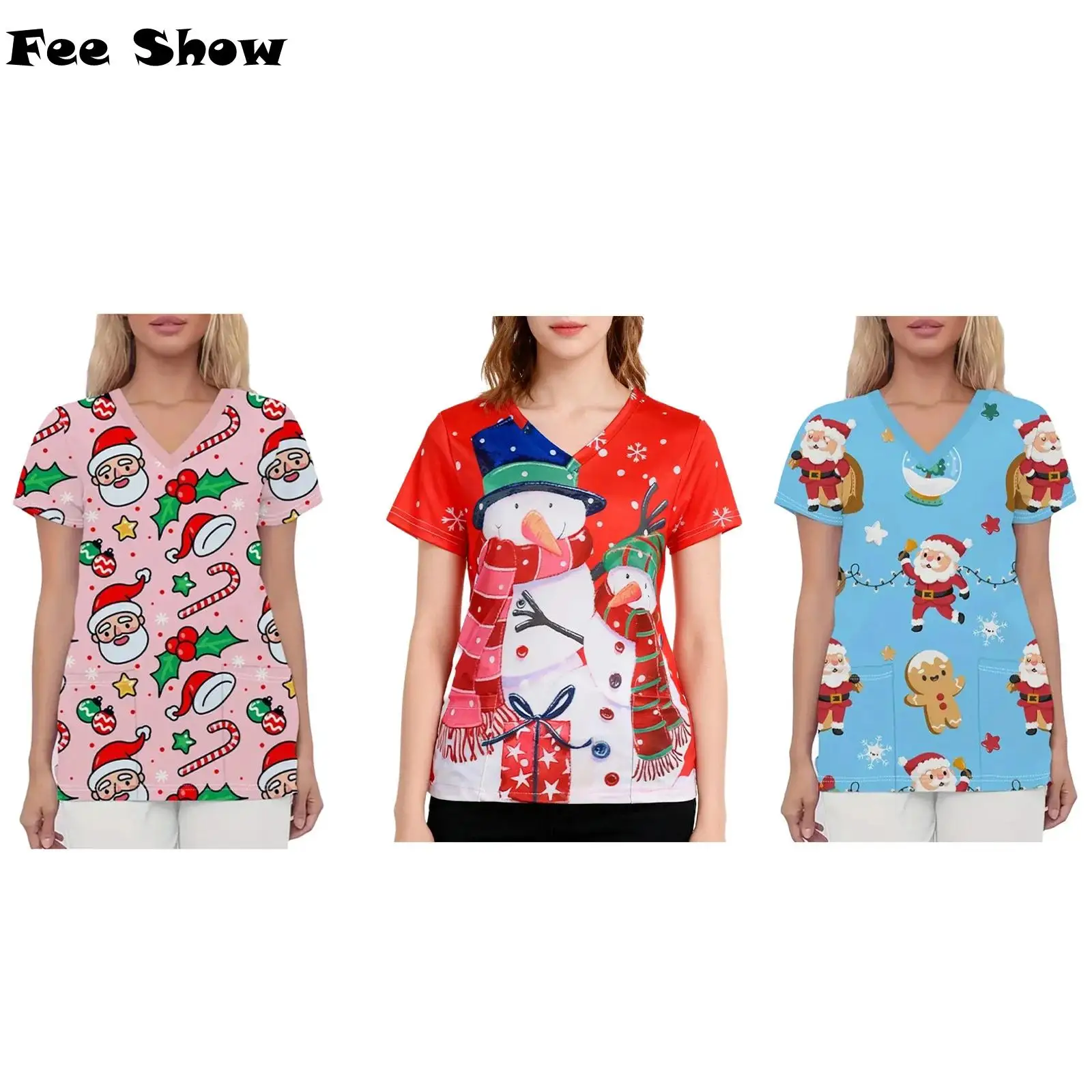 Womens Christmas Print Nursing Uniform V Neck Short Sleeve Front Patch Pockets Scrub T-shirt Sanitary Blouse for Xmas