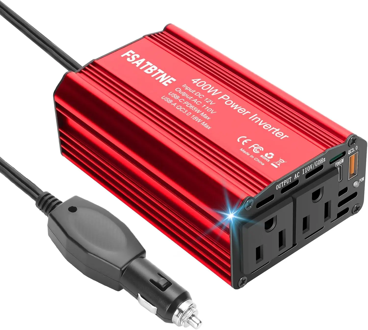 400W Power Inverter DC 12V to 110V AC Car Adapter with USB-C & USB-A Fast Charging and 2 AC Outlets