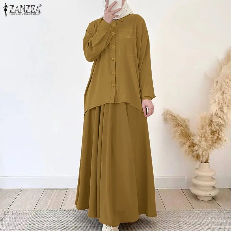 Women 2026 Spring Matching Sets ZANZEA Autumn Outfits Long Sleeve Shirt Dress Suit Elegant Work 2 Piece Sets Solid OL Tracksuit