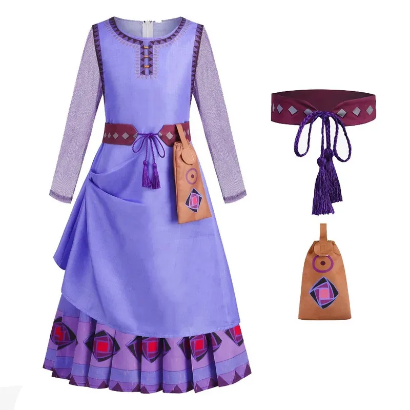 Princess Dress for Girls Cosplay Movie Wish Asha Kids Toddler Christmas Birthday Party Outfits Purple Clothes Set dl;1
