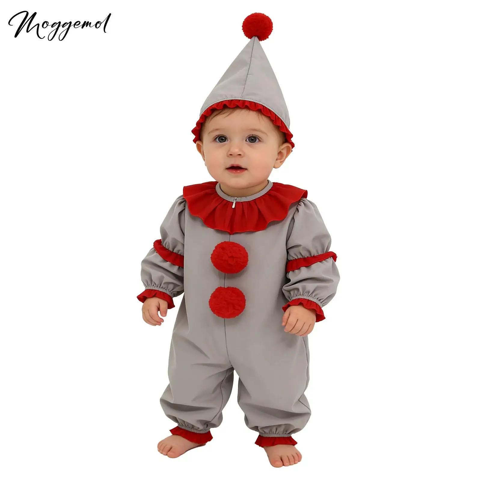 Toddler Boy Girl Clown Romper Long Sleeve Ruffle Front Invisible Zipper Pompom Jumpsuit with Hat Infant Baby Halloween Costume