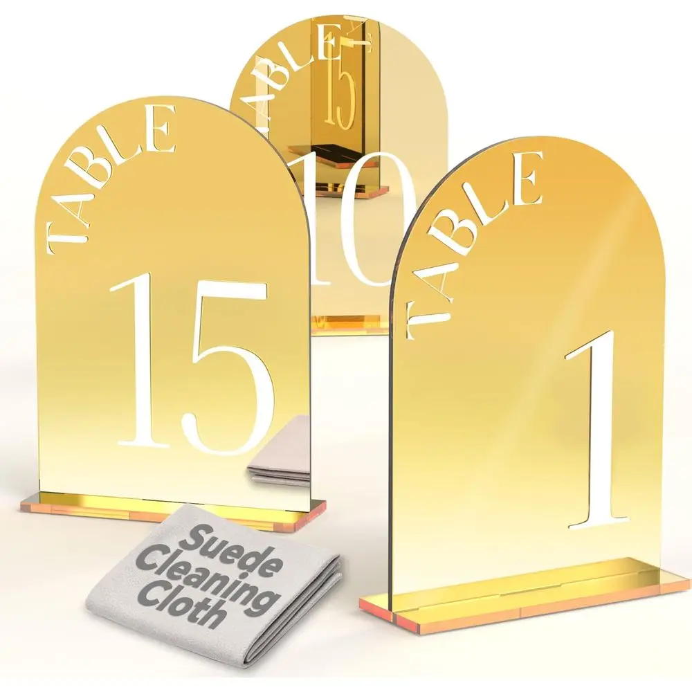 Mirror Arched Wedding Table Numbers 1-15 with Stands, 5"x7" Double-sided Letter, Acrylic Wedding Signs Centerpiece Decoration fo