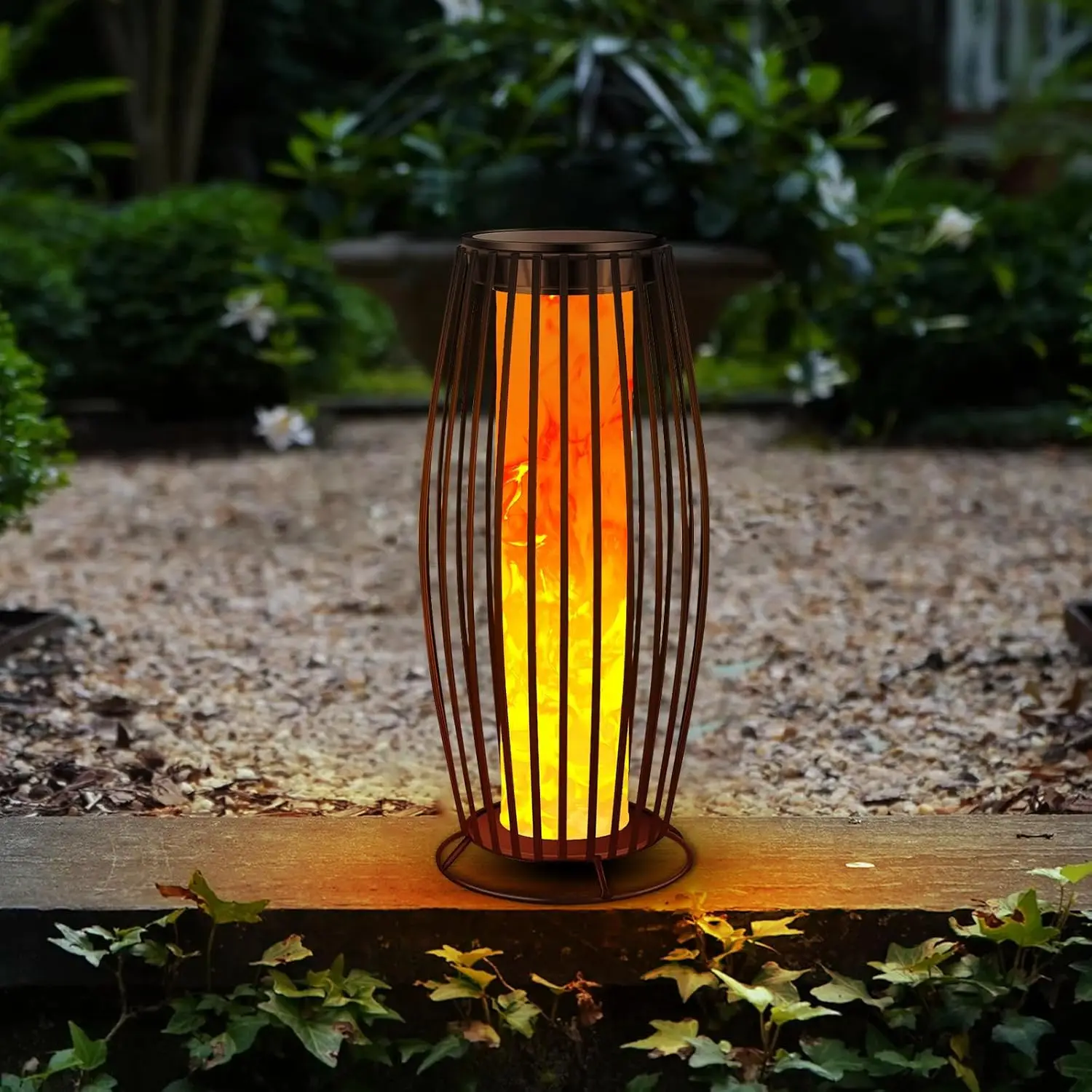 Flickering Flame Solar Outdoor Floor Lamp, Waterproof Auto On/Off Lantern for Garden Patio Lawn Decor