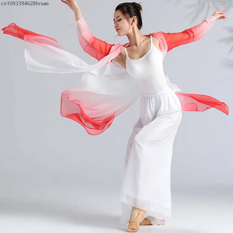 Women Classical Dance Long Tops Flowy Loose Shirt Gradient Chiffon Cardigan Cloak Chinese Folk Dance Stage Performance Costume