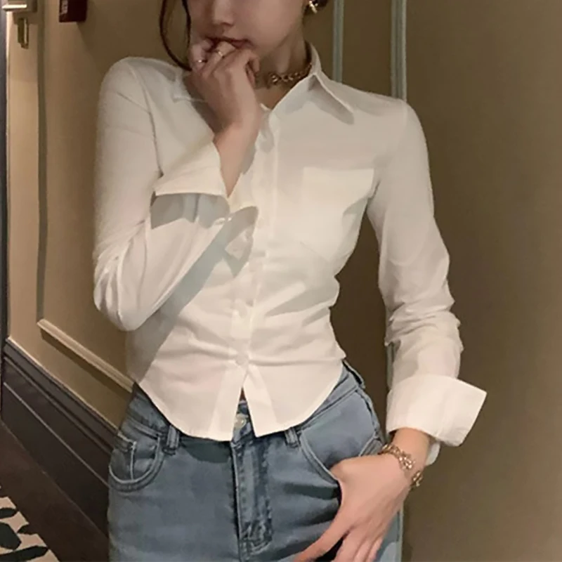 2025 New Female Korean White Office Women Chiffon Shirt Pocket Button Lapel Ladies Blouse Spring Commuter Long Sleeve Crop Tops