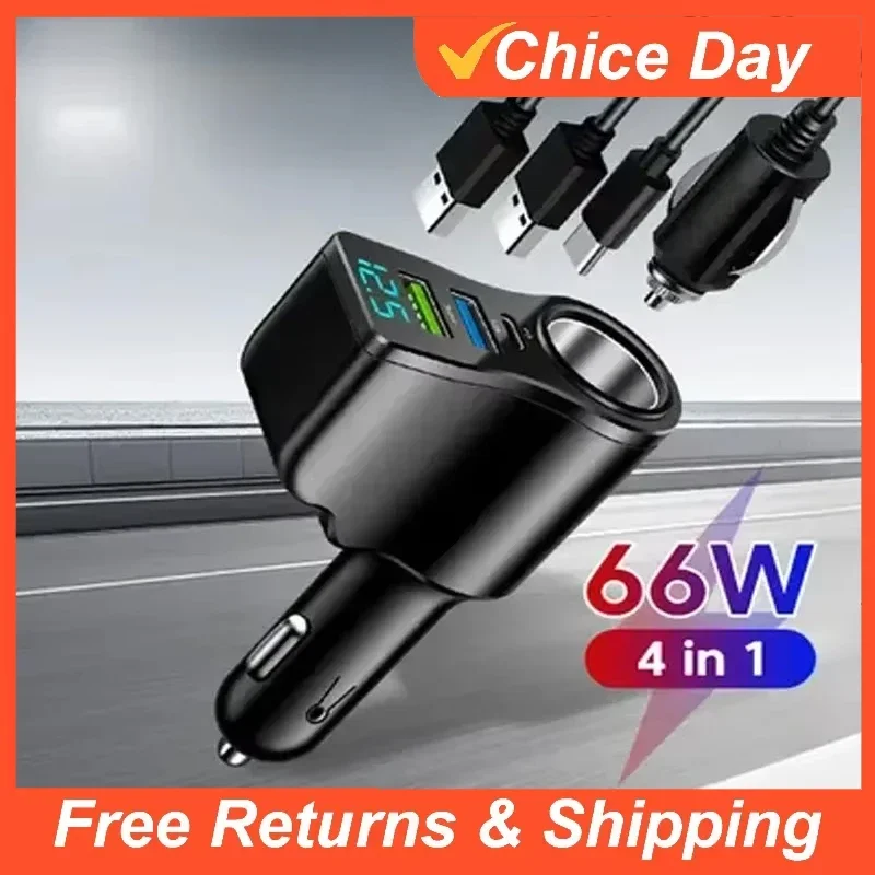 66W 4 Ports Multifunctional Car Cigarette Lighter Power Adapter 3.1A Dual USB PD Car Phone Fast Charger For Iphone Huawei Ipad
