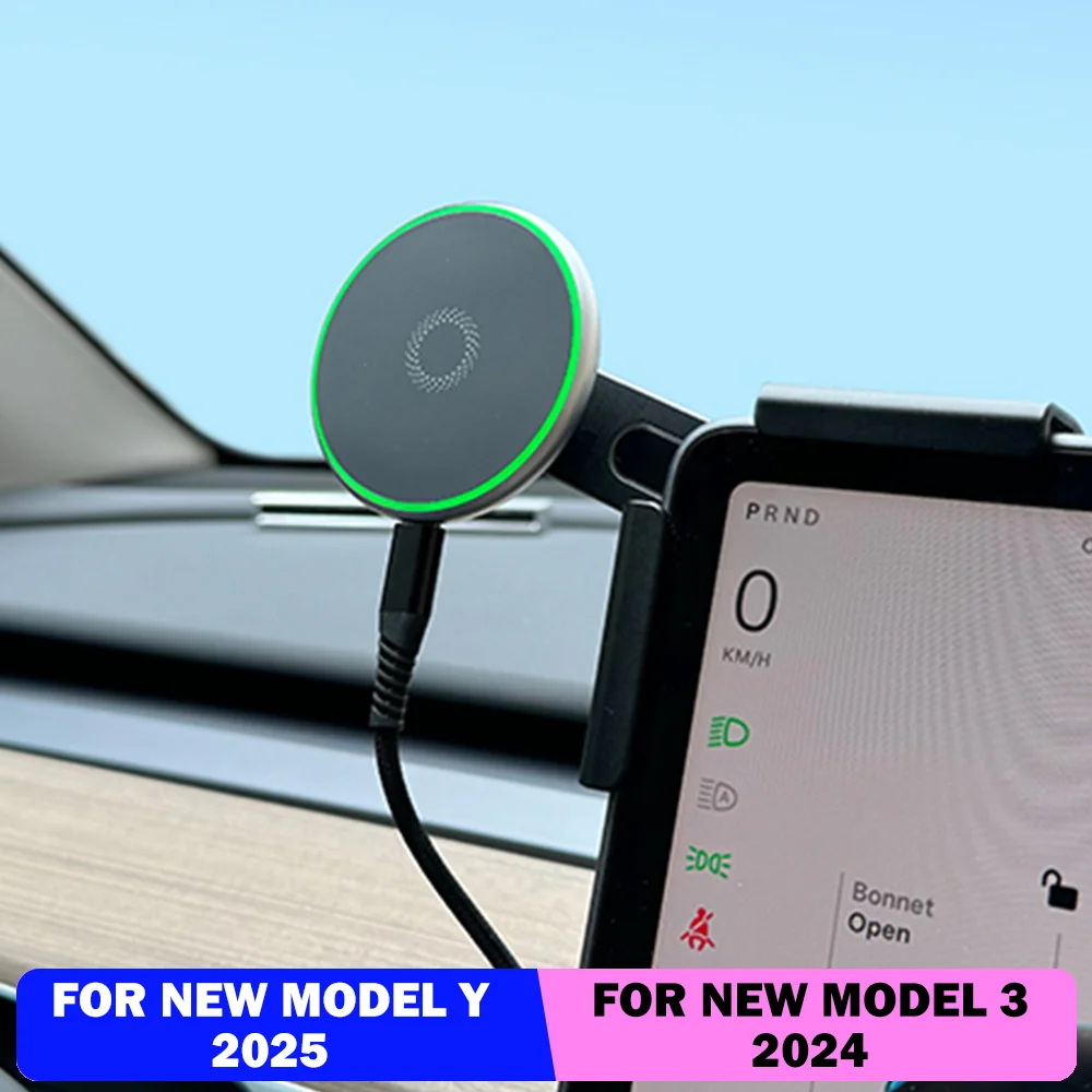 Car Phone Mount Holder 15W Magnetic Wireless Charger Compatible with MagSafe for Tesla Model Y Launch 2026 2025 Model 3 HIGHLAND