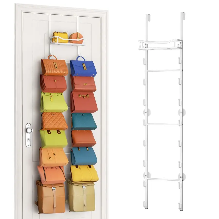 Over The Door Purse Organizer Wall Mounted Purse Rack with 16 Hooks and Metal Basket, Hanging Handbag Storage Organizer Holds up