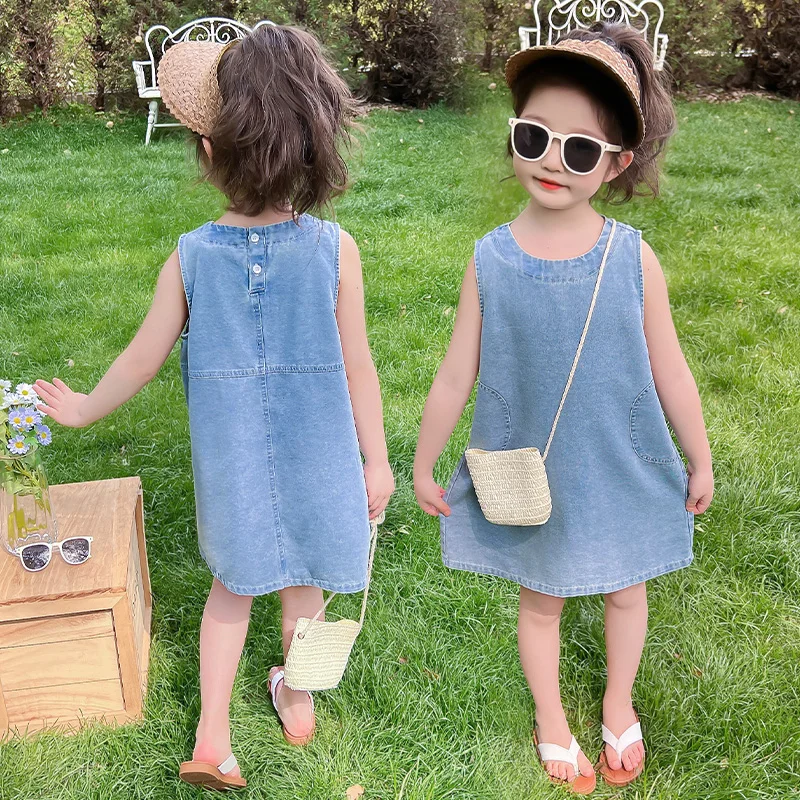 2 3 4 5 6 7 8 9 Year Old Kids Baby Sleeveless Denim Vest Dress For Girl Casual Sleeveless Vintage Blue Jeans Dresses With Pocket
