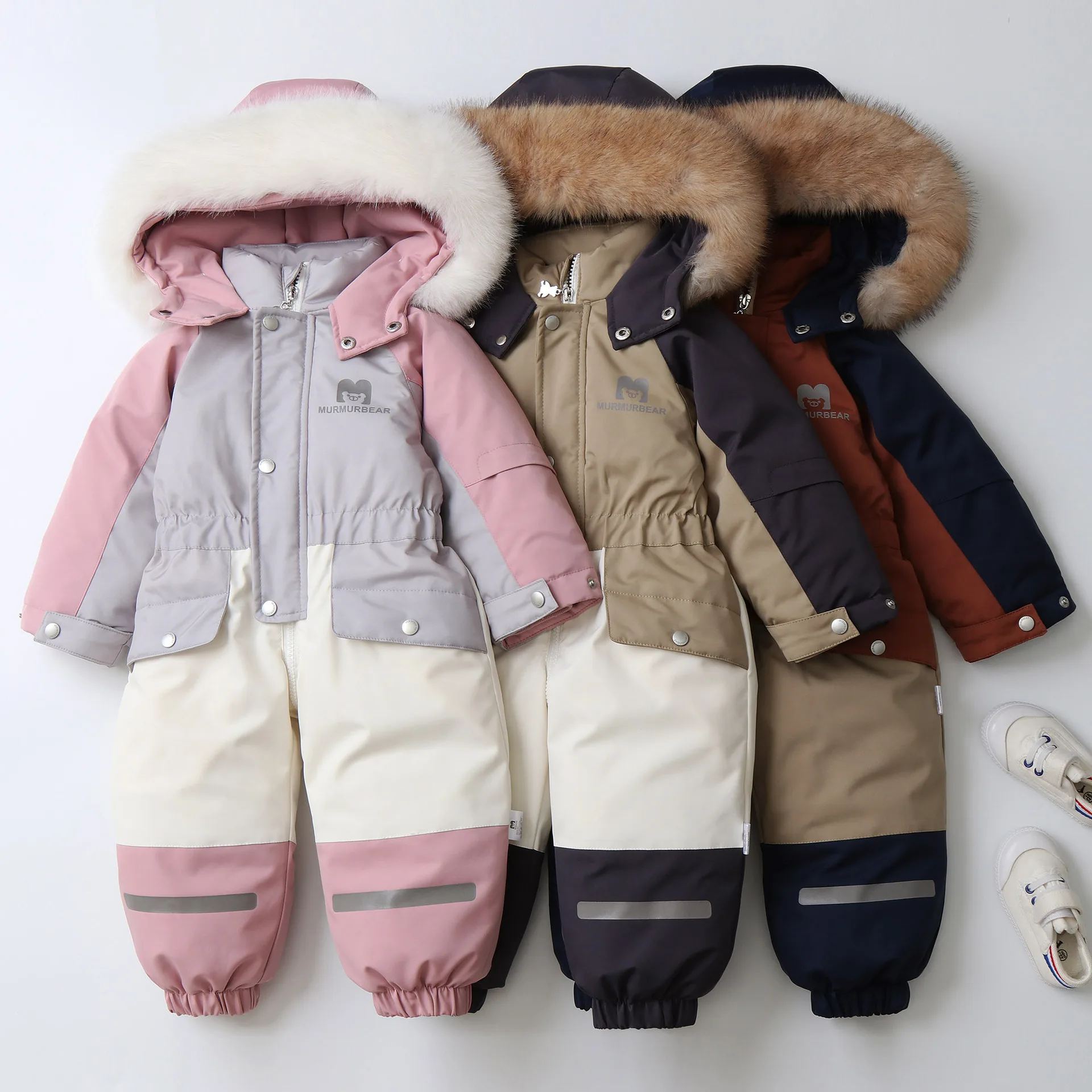 2025 Winter Childrens Clothes Snowsuit Boys Fur Lining Overalls Thicken Kids Snowsuit Hooded Ski Suit Girls Warm Jumpsuit