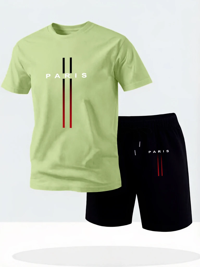 Paris Letter Creative Prints Mens Cotton Basics Cool Short Sleeve Daily Fashion Tee Shirts Suits Casual Summer Sweatpants Unisex