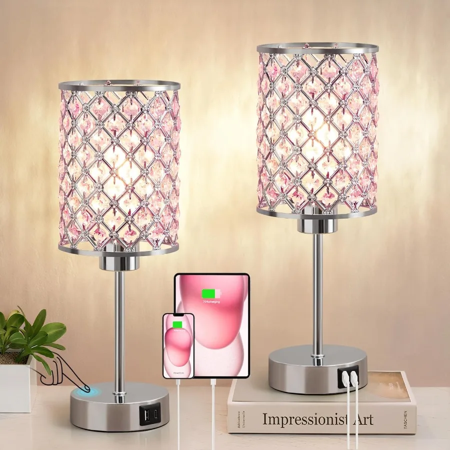 Pink Crystal Table Lamp Touch Control Bedside Lamps with USB-C+A Charging Ports Dimmable Nightstand Small Desk Lamp Set of 2 fo