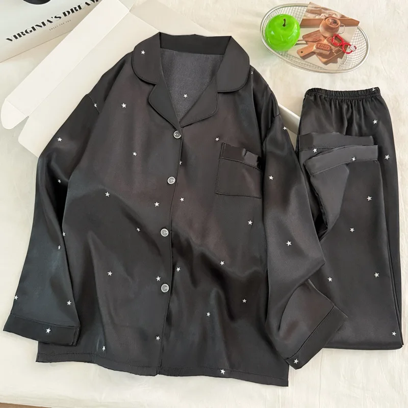 Fashionable Simple Star Black Ice Silk Pajamas for Women Spring and Autumn Long Sleeved Loose and High-End Sleepwea Homewear