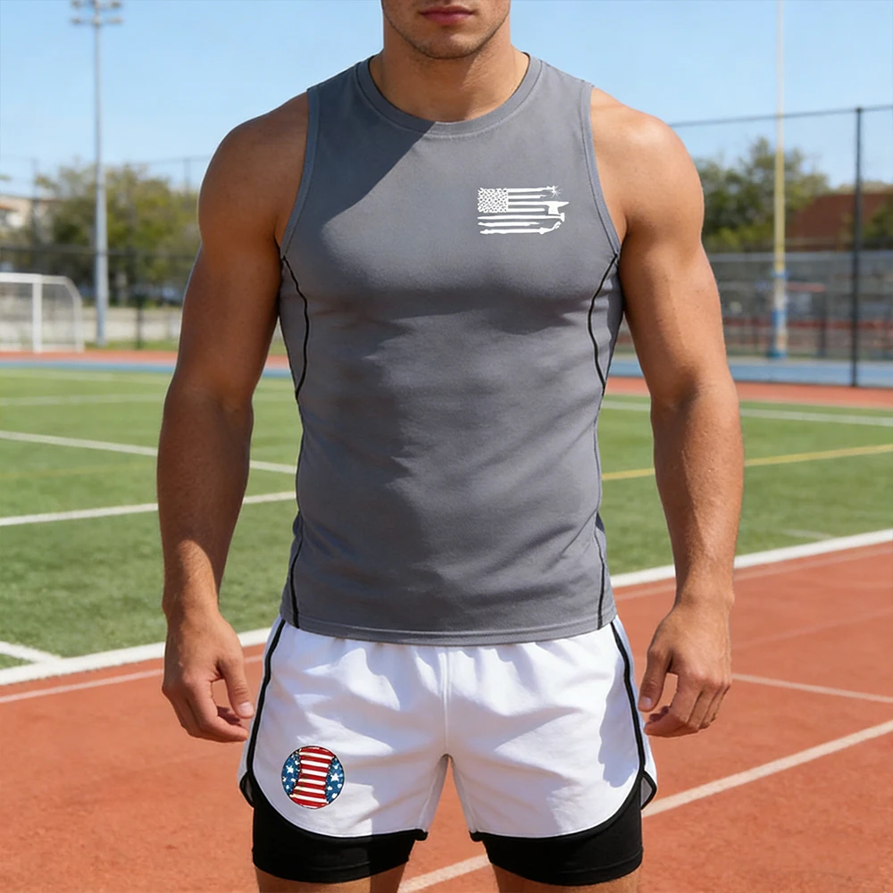 Men's Gym Workout Quick Dry 2 Piece Set Gym & Athletic Gear Compression Sleeveless Shirt & Running Shorts Kit Flag Graphic Print