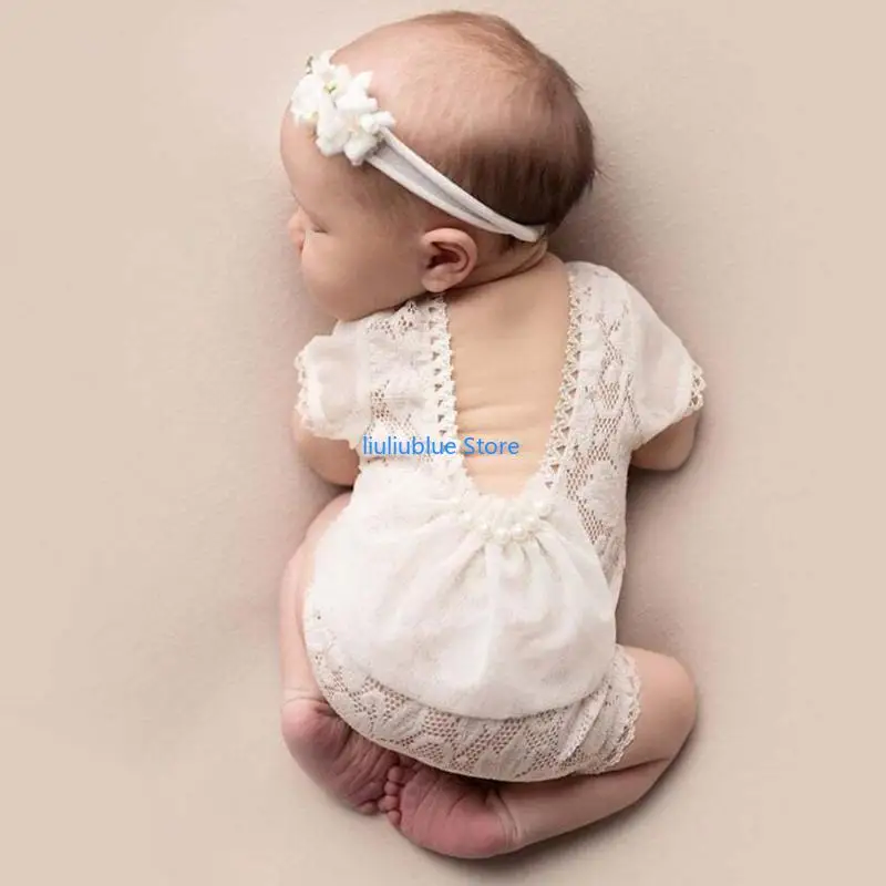 Newborn Baby Photography Props Girls Lace Romper Jumpsuit Headband Set Infants Princess Costume Outfits 62CF