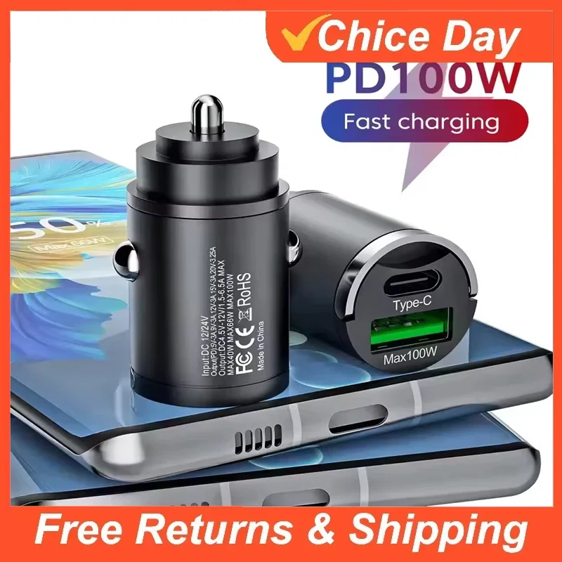 100/200W Mini Car Charger Fast Charging for IPhone QC3.0 Mini PD USB Type C Car Mobile Phone for Xiaomi Samsung Huawei Amagi