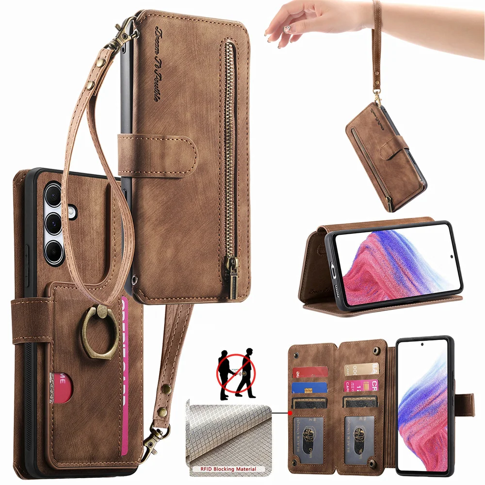 Wrist Strap Zipper Card Solt Wallet Leather Ring Holder Phone Case for IPhone 17 Air 16E 16 15 Plus 13 12 14 11 Pro Max Cover
