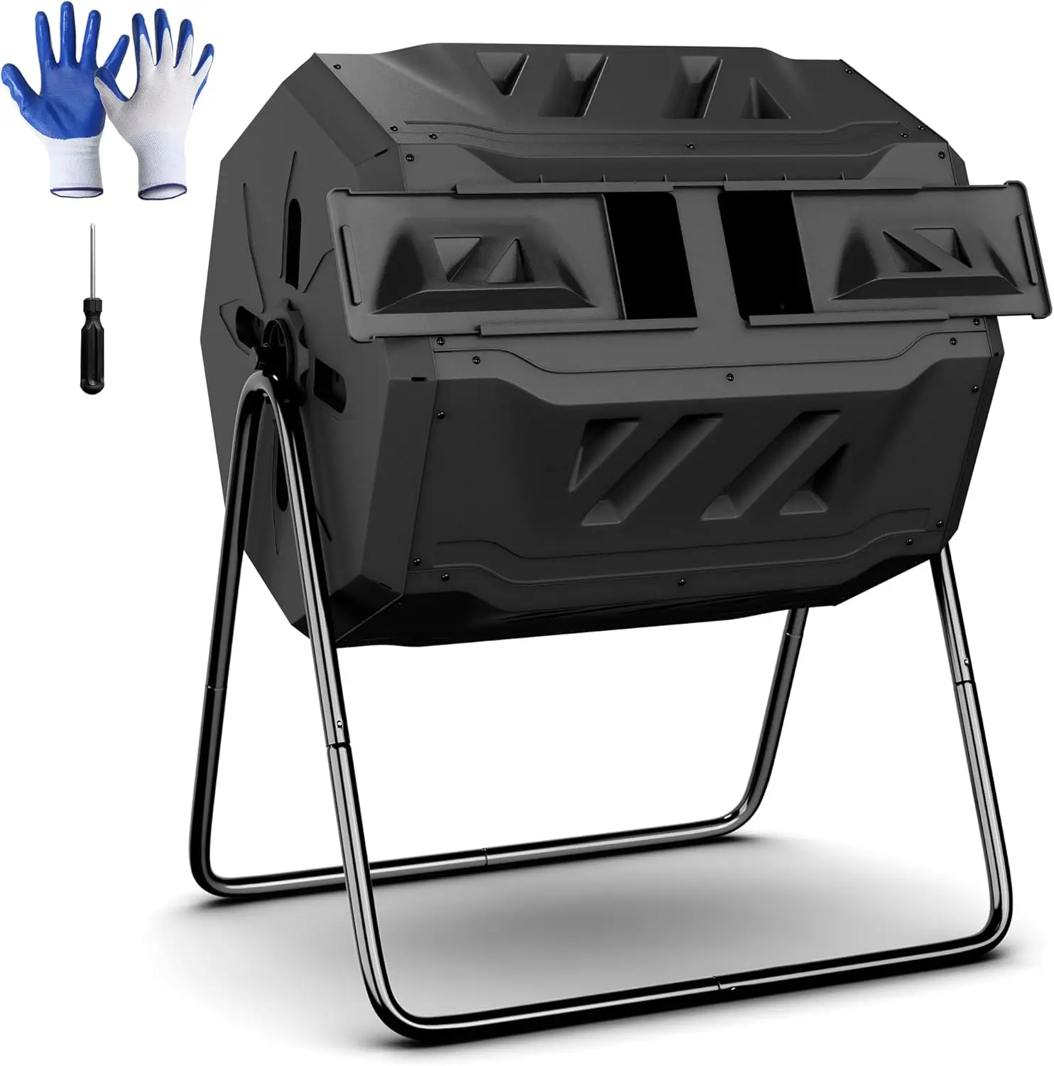 43 Gallon Dual Chamber Outdoor Compost Bin with Rotating Tumbler and Gardening Gloves - BPA Free, Heavy-Duty Steel Frame