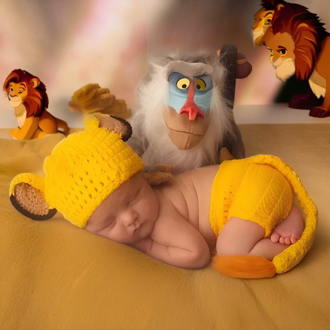 Newborn Photography Outfit Lion King Simba Costume Props Animal Handmade Crochet Knitted Baby Pants Hat Romper Suit Fotografia