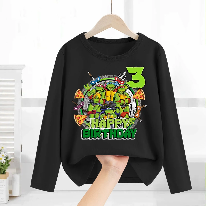 Teenage Mutant Ninja Turtles Long Sleeves T-Shirts Anime Birthday Number Kids Tops Spring Crewneck Undershirts Children Clothes