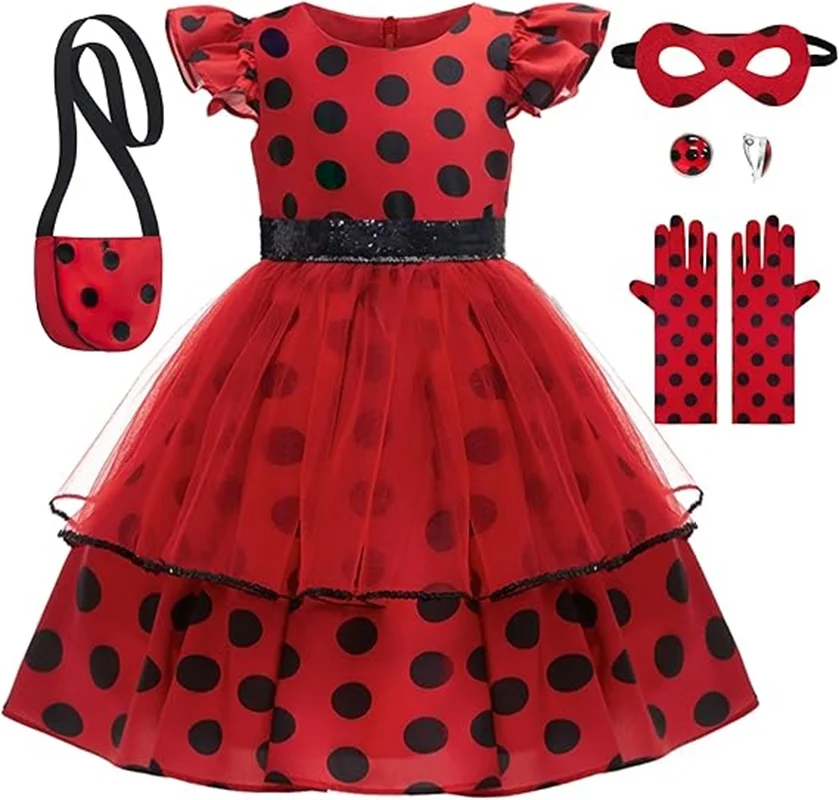 Girls Cosplay Costume Polka Dot Red Dress With Bag Gloves Mask Earrings For Kids Bug Halloween Birthday Dress Up