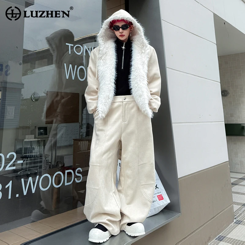 LUZHEN 2025 Winter Stylish Handsome Two-piece Sets Men's Faux Fur Liner Warm Hooded Padded Coat Solid Color Casual Pants JY5246