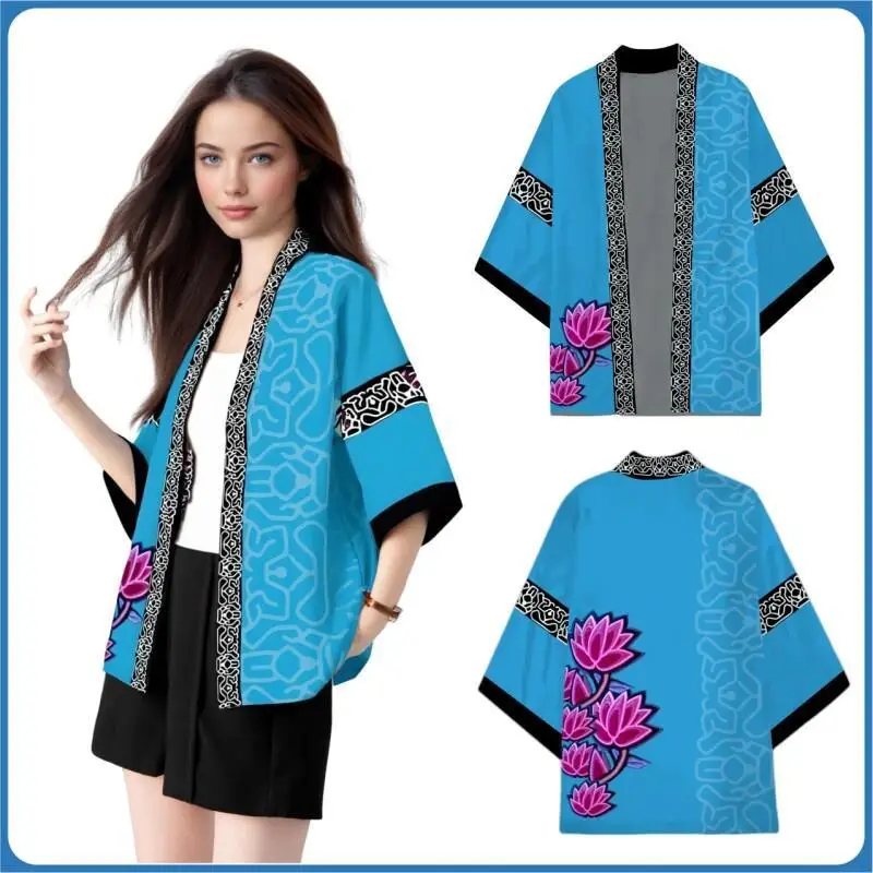 Women Halloween Carnival Kimono Christmas Purple Flower Pattern Blue Japanese Kimono Role Play Cardigan Coat Cosplay Costume