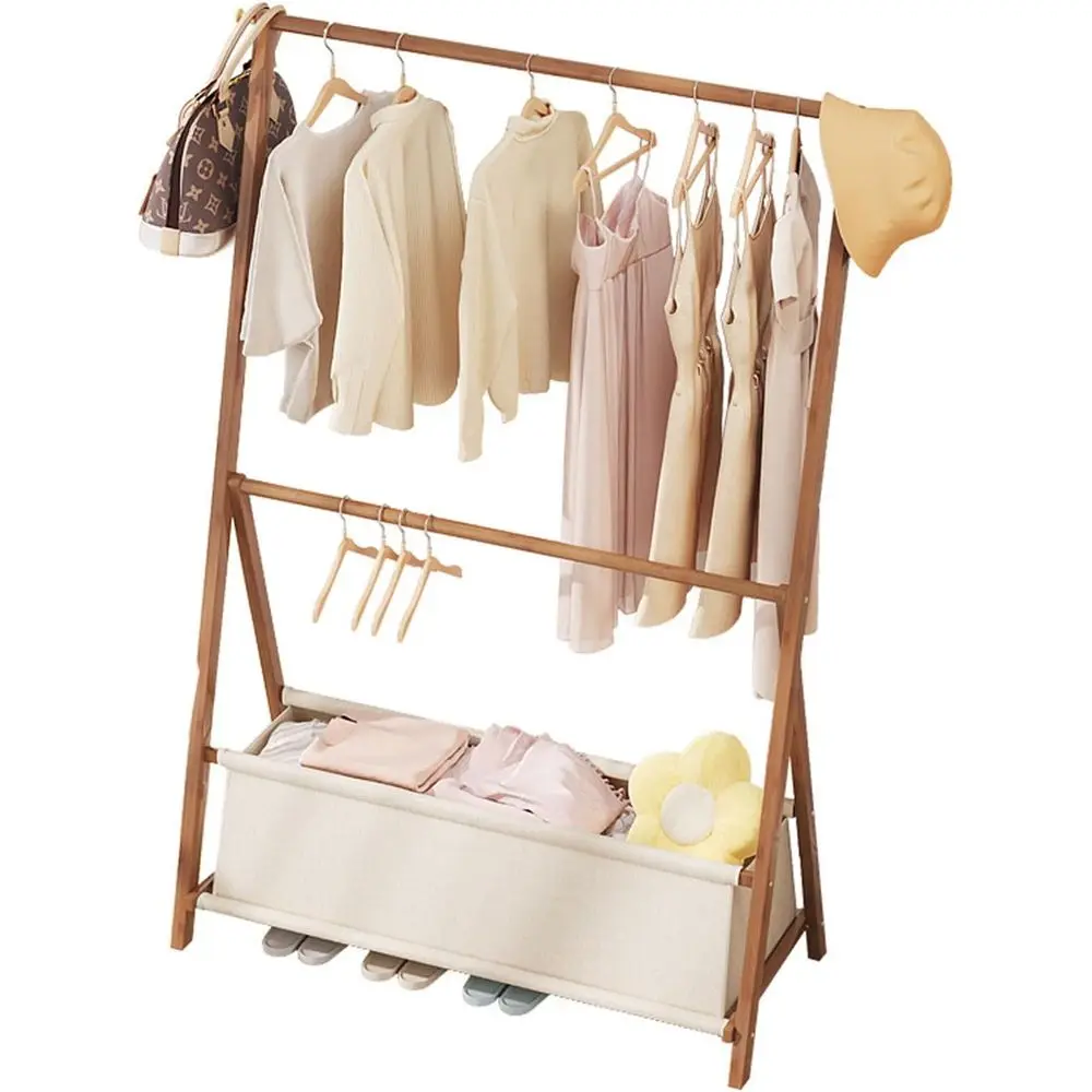 Portable Bamboo Clothes Drying Rack with Hanging Rail and Storage Basket for Compact Spaces