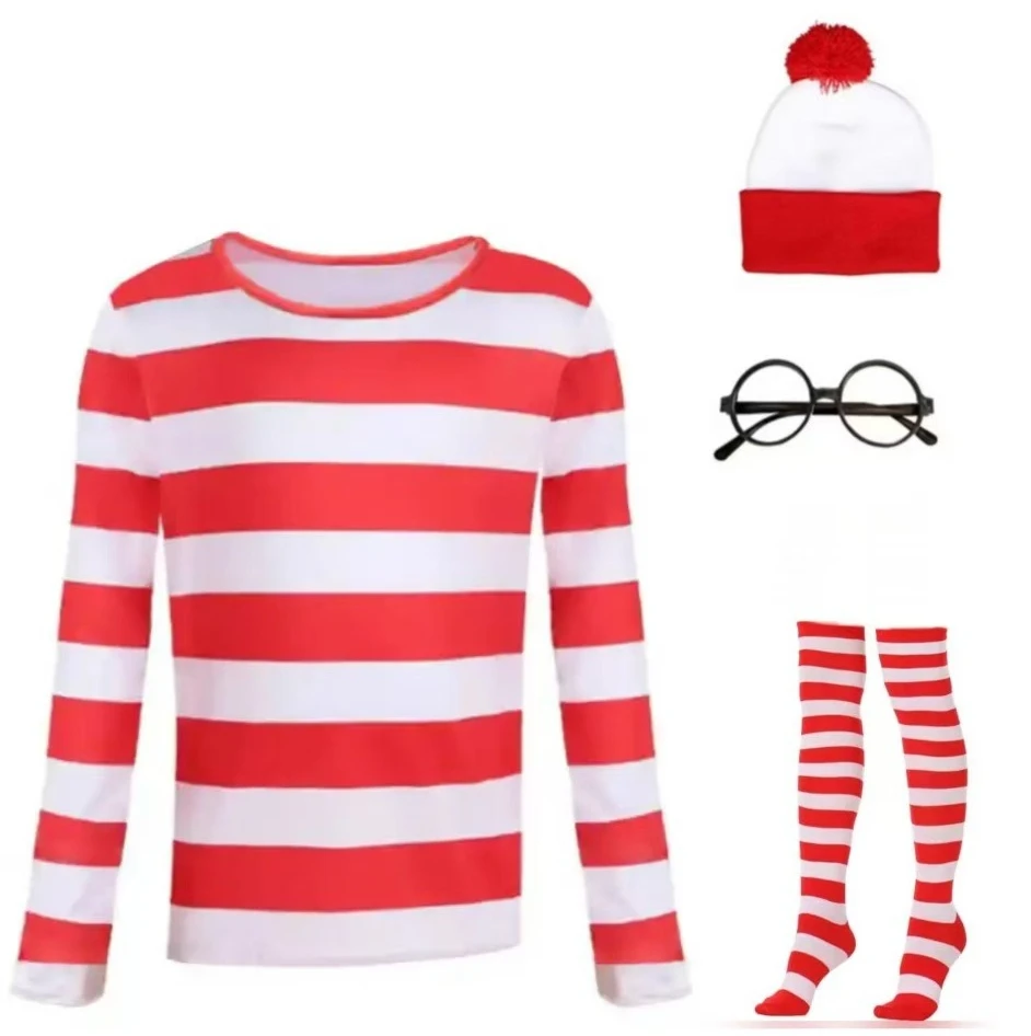 Where's Wally Waldo Cosplay Costume Wallys Long Sleeves Striped Shirt Hat for Women Men Kids Halloween Carnival Party Cosplay