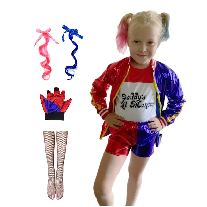 Kids Girls Harley Cosplay Costumes Quinn Squad Top T-shirt Jacket Wigs Anime Cosplay Uniforms Halloween