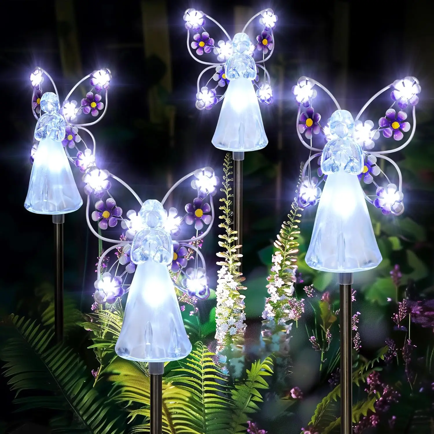 4 Pack Solar Angel Garden Stake Lights with 7 LEDs for Outdoor Cemetery Decor, Memorial and Christmas Yard Art