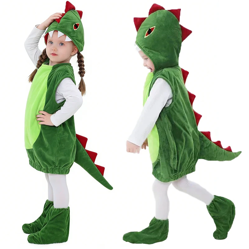 Kids Green Dinosaur Costume Cute Vest Hoodie for Boy Girls with Foot Covers Children Halloween Purim Party Stage Show Clothes