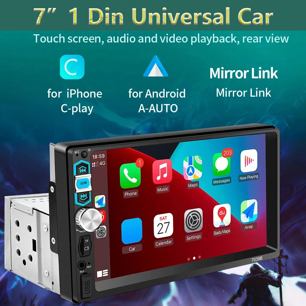 1 Din Universal Car Multimedia Player HD 7" Touch Screen Stereo Bluetooth USB FM ISO Power Aux Input Mirror Link Auto Radio MP5