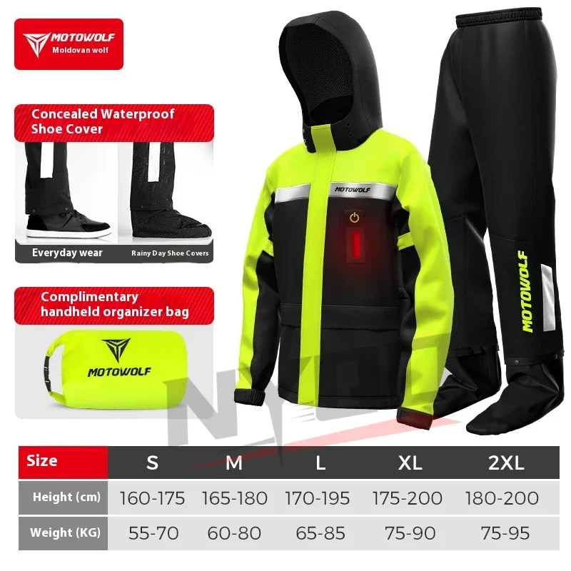 Motowolf Motorcycle Rain Coat Waterproof Motorcyclist Raincoat Men Women Outdoor Biker Rain Suits with LED Waring Light