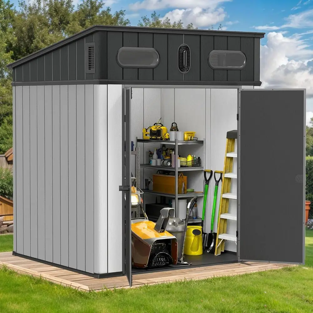 Weather-Resistant 6x6 Plastic Outdoor Shed with Floor, Lockable Door, Windows, and Vents for Garden Tools and Storage