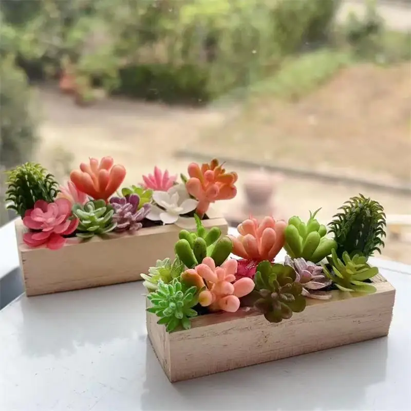 1Pc Random Dollhouse Miniature Succulent Wooden Trough Green Plant Pot Model Micro Landscape Decor Ornaments Pretend Play Toys