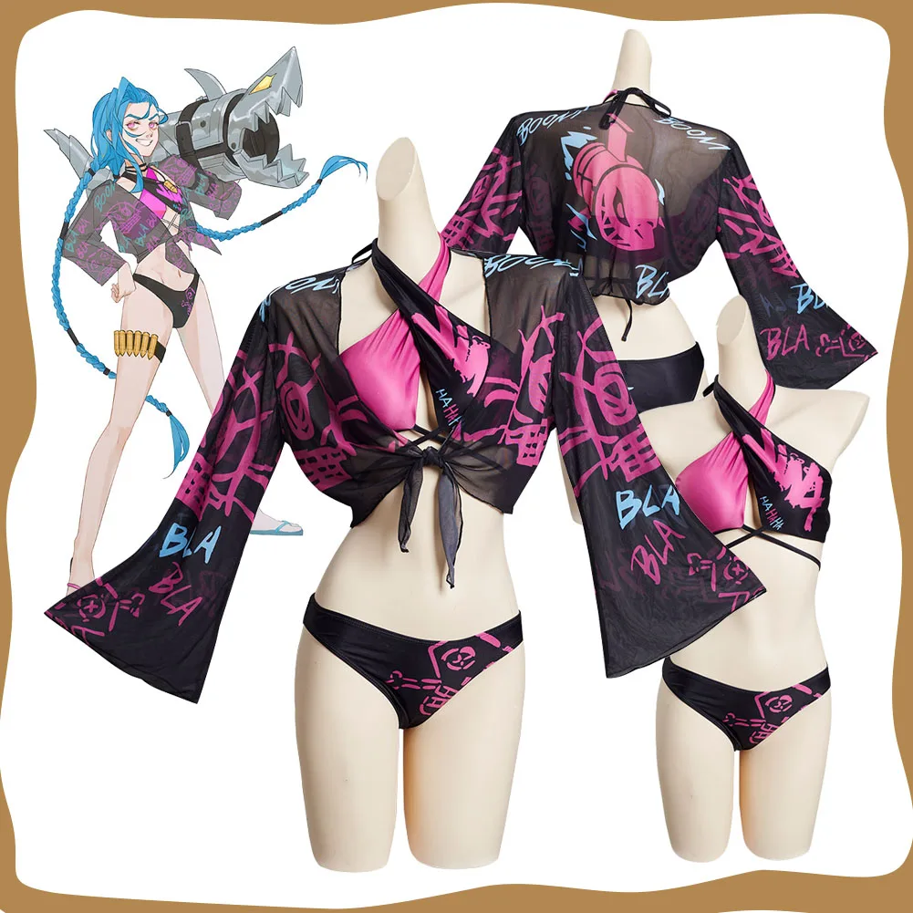 LOL Arcane Jinx Cosplay Swimsuit Costume for Women Female Bikinis Set Girls Swimwear Fantasia Roleplay Outfits Halloween Suit