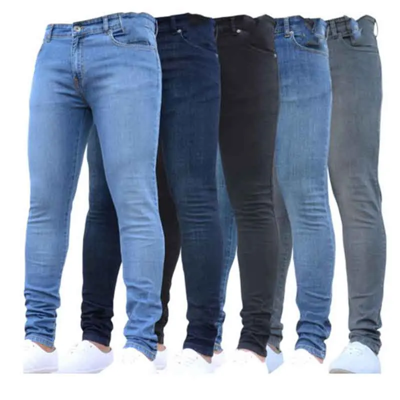 Solid Color Fashion Men Casual Pants Stretch Jeans Skinny Work Trousers Male Wash Slim Fit for Zippered Jeans Men Clothing