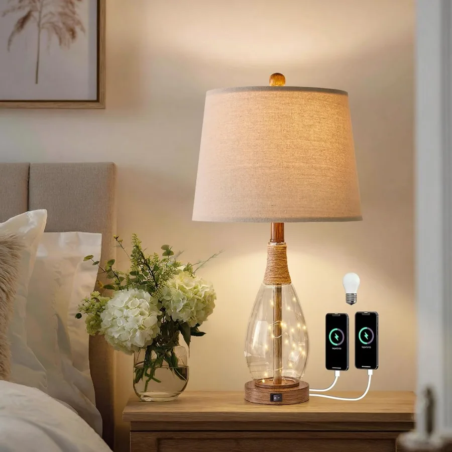 23" USB A+C Table Lamp for Bedroom Living Room Modern Bedside Lamps Retro Farmhouse Rattan Glass Nightstand Nightlight LampsTwo