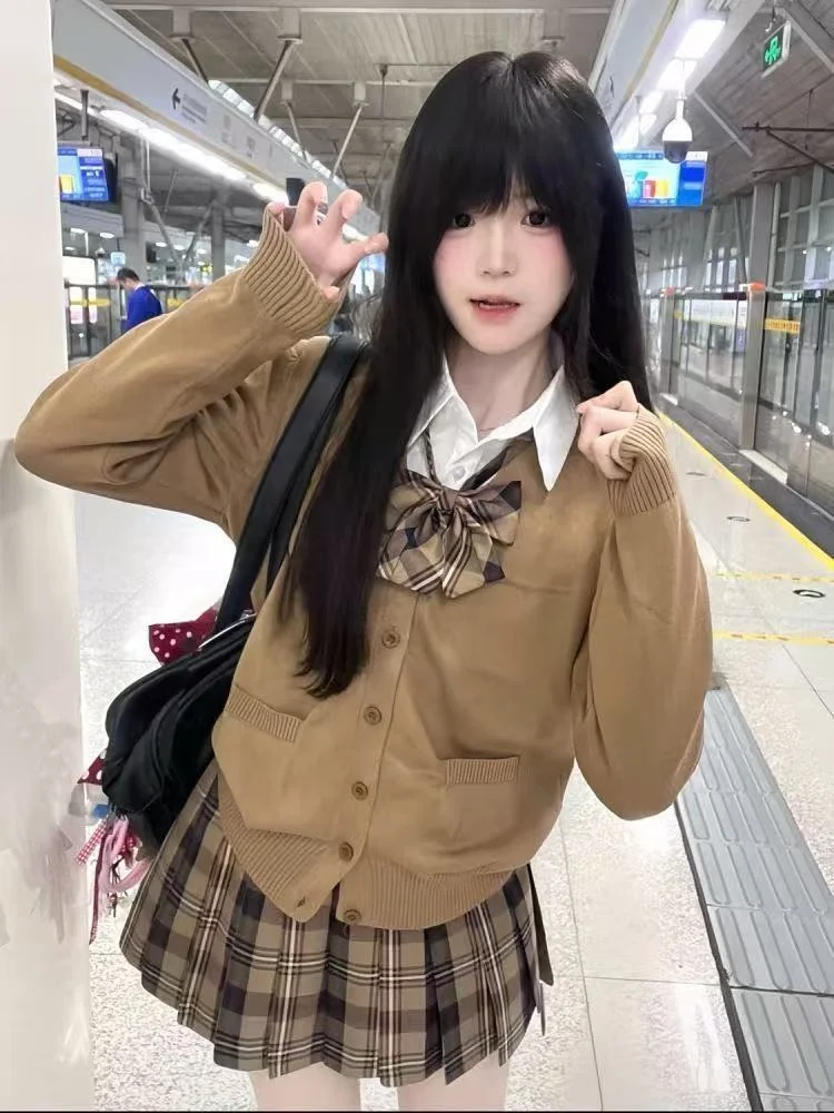 Sweet Brown Knitted Sweater Cardigan Coat for Women College Sle Layering Skirt Set Autumn Winter Faion Outfit Polyester F...