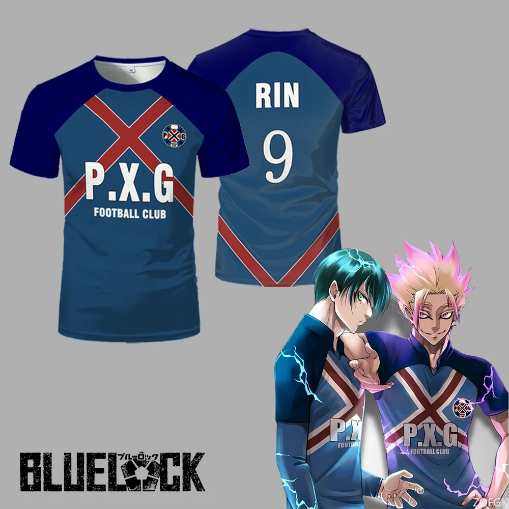 Japanese Anime Blue Lock PXG RIN Team Uniforms Jersey Five A Side Football T-shirt Cosplay Costume Men's Sports Round Neck Tops