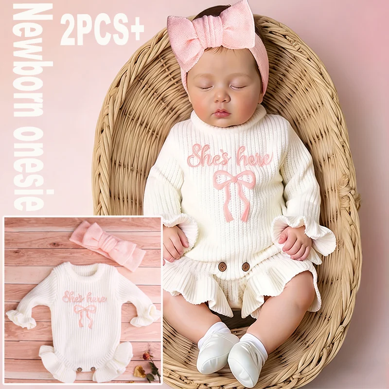 2Pcs Knitted Embroidery Newborn Set Outfits with Bow Headband Baby Girl Ruffle Romper Infant Knitting Sweater Coming Home Outfit