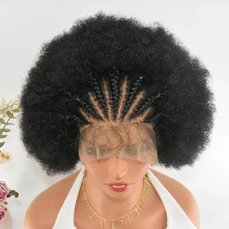 250% Density 13x4 Front Braided Afro Head Synthetic Short Curly For Women Lace Baby Hair Fashion Wig