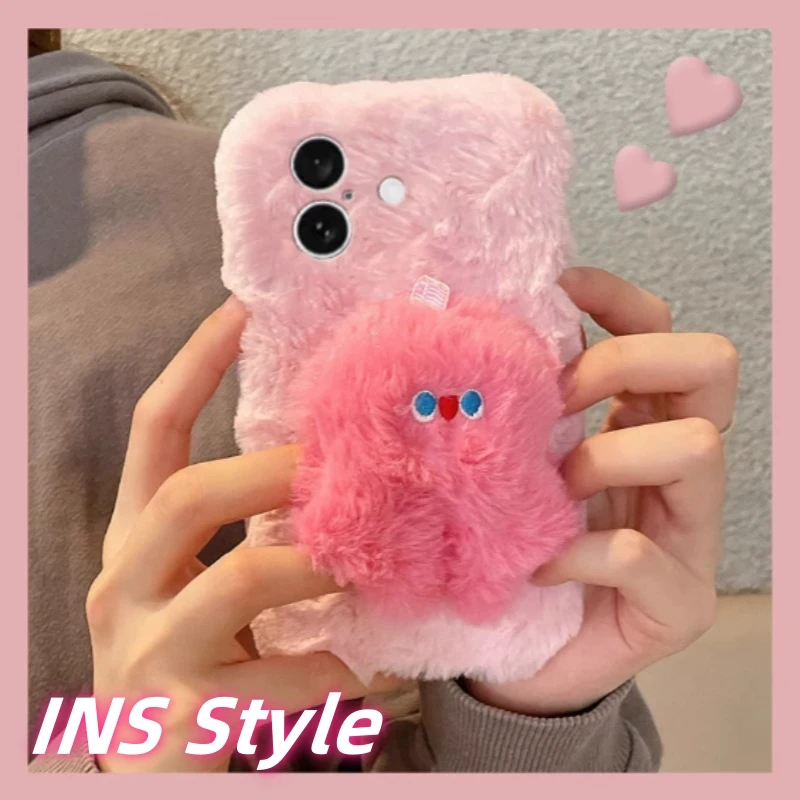 Cute Pink Plush Monster Phone Case for iPhone 11-16 Pro Max OPPO Reno 12 Samsung S23 Ultra, Soft Fuzzy Protective Cover