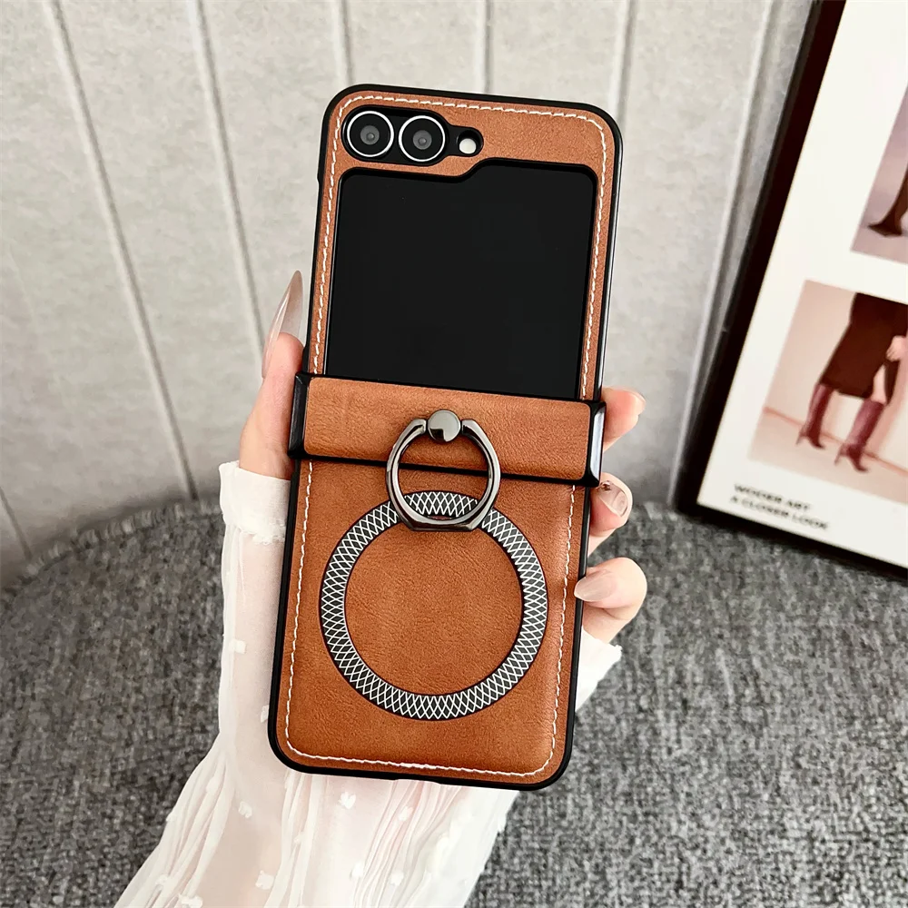Frosted Leather Ring Holder Magsafe Magnetic Phone Case for Samsung Galaxy Z Flip 7 6 5 4 3 Flip7 FE Flip6 Wireless Charge Cover