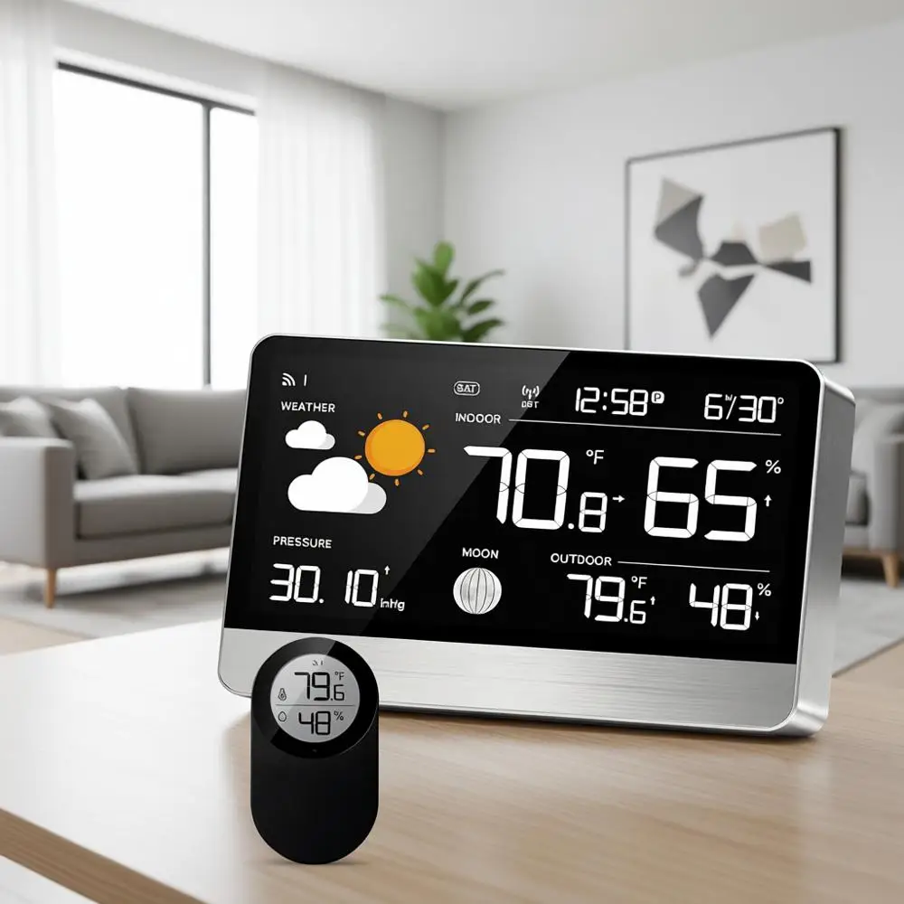 Wireless Indoor Outdoor Thermometer with Digital Atomic Clock, 8.8 Display, Home Weather Station, Weather Forecast, 5-Level Brig
